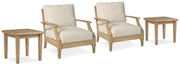 Ashley Furniture Clare View outdoor seating set with cushioned chairs and a central table for patio relaxation.