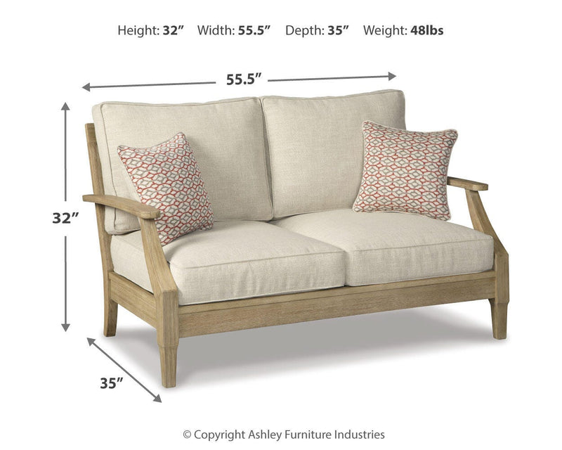 Outdoor Clare View loveseat with cushion from Ashley Furniture, featuring comfortable seating and stylish design.