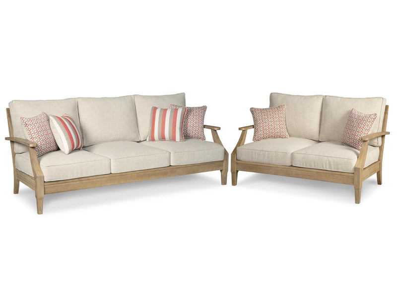 Ashley Furniture Clare View outdoor seating set with cushioned chairs and table, ideal for patio or garden relaxation.