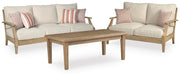 Ashley Furniture Clare View outdoor seating set with cushioned chairs and table, ideal for patio relaxation and outdoor dining.