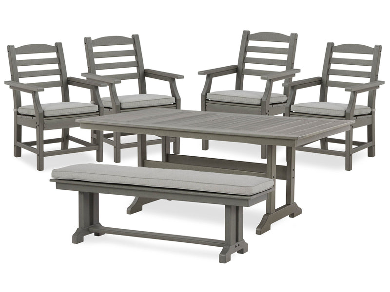 Ashley Furniture Visola outdoor dining set with a table and chairs, perfect for outdoor patio dining and entertaining.