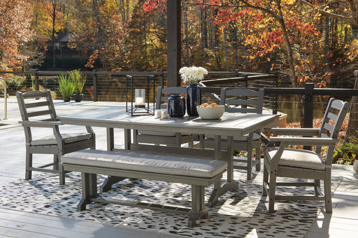 Ashley Furniture Visola outdoor dining set with a table and chairs, perfect for patio or garden outdoor meals.