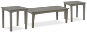 Ashley Furniture Visola outdoor table set with two matching tables and chairs, featuring sleek metal frames and glass tabletops.