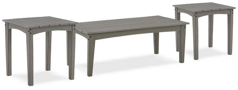 Ashley Furniture Visola outdoor table set with two matching tables and chairs, featuring sleek metal frames and glass tabletops.