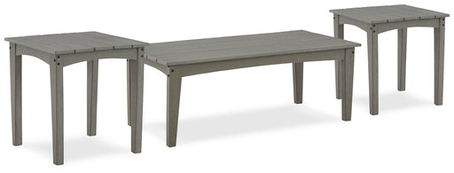 Ashley Furniture Visola outdoor table set with two matching tables and chairs, featuring sleek metal frames and glass tabletops.