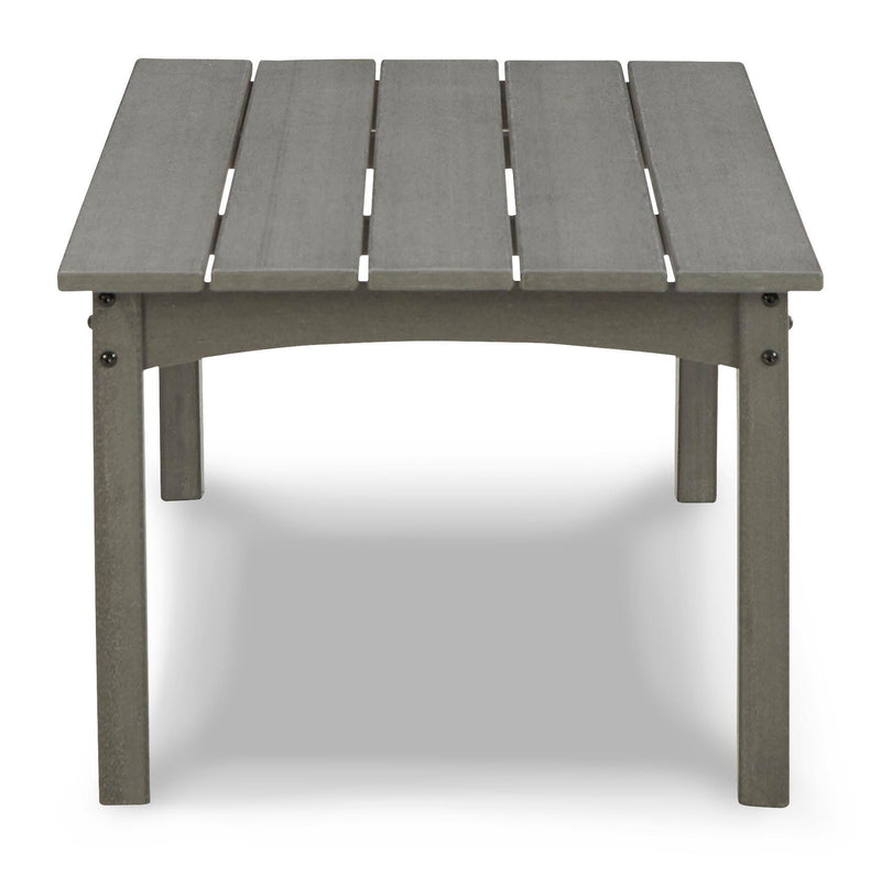 Ashley Furniture Visola outdoor sofa and loveseat set with matching table, featuring cushioned seating and stylish outdoor design.