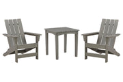 Ashley Furniture Visola outdoor Adirondack chair set with end table, featuring comfortable chairs and a small side table for outdoor seating.
