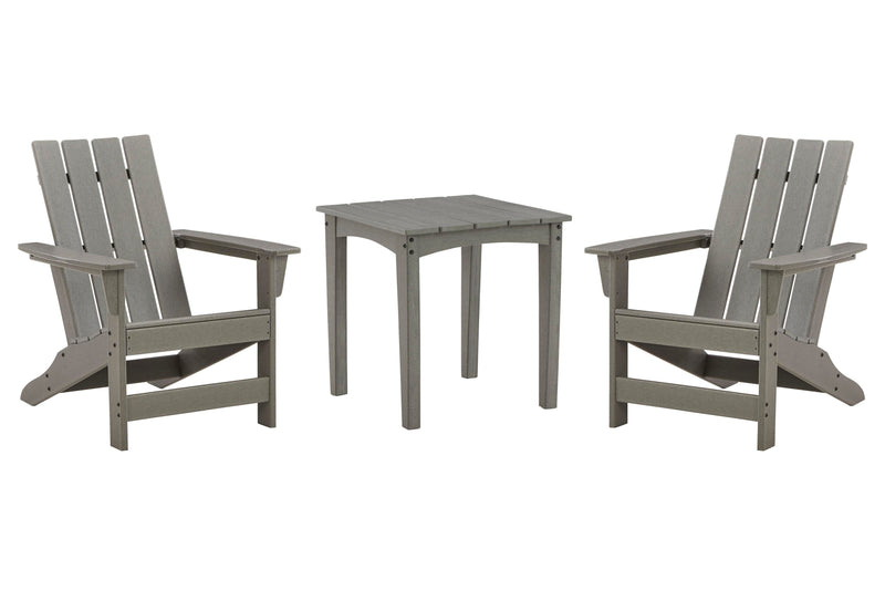Ashley Furniture Visola outdoor Adirondack chair set with end table, featuring comfortable chairs and a small side table for outdoor seating.