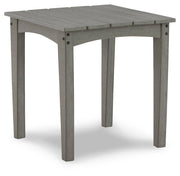 Ashley Furniture Visola outdoor occasional table set with two round tables and metal frames, ideal for patio or garden use.