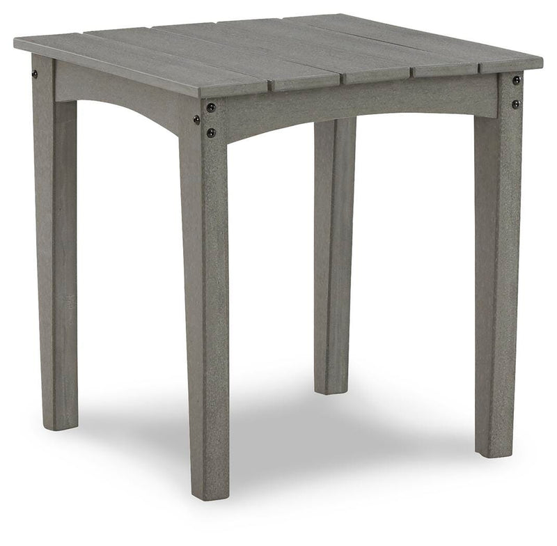 Ashley Furniture Visola outdoor occasional table set with two round tables and metal frames, ideal for patio or garden use.