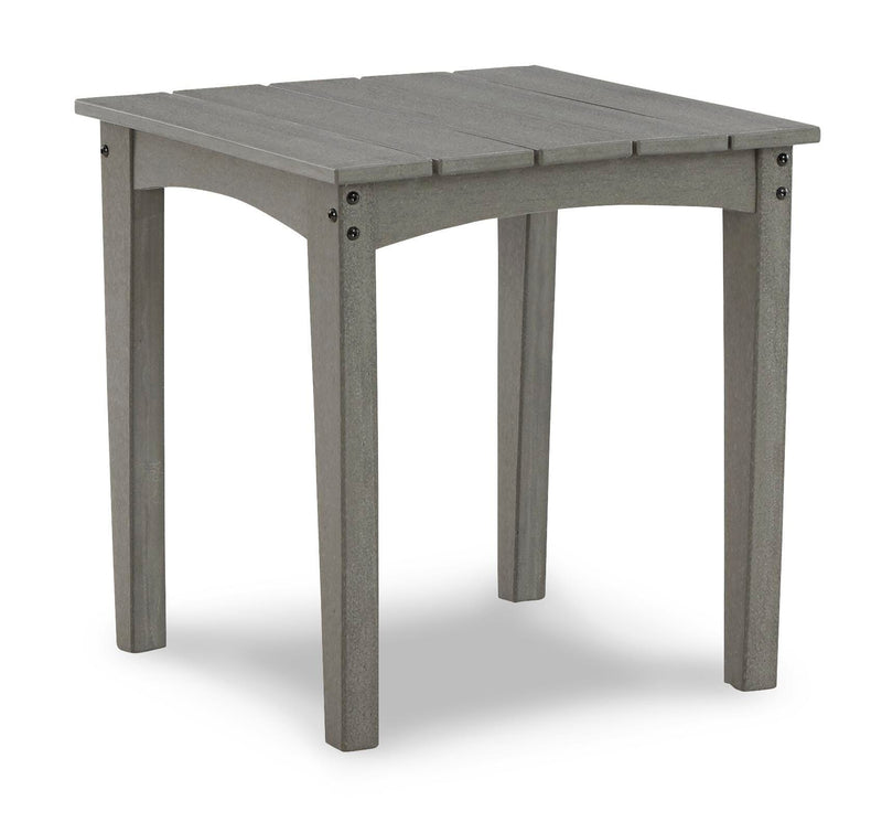 Ashley Furniture Visola outdoor Adirondack chair set with end table, featuring comfortable wooden chairs and a matching side table.