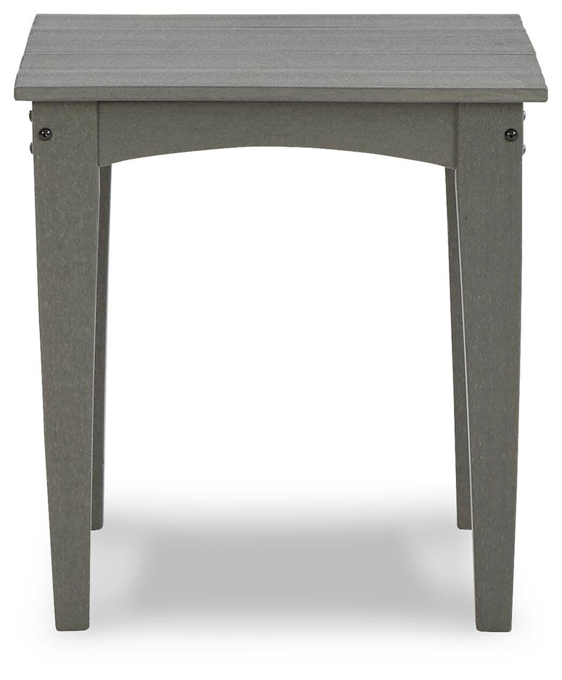 Ashley Furniture Visola outdoor table set with two round tables and matching chairs, ideal for outdoor entertaining.