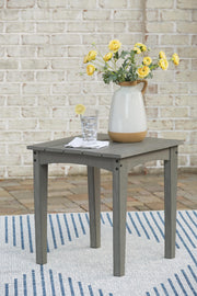 Ashley Furniture Visola outdoor Adirondack chair set with end table, featuring comfortable wooden chairs and a matching side table.