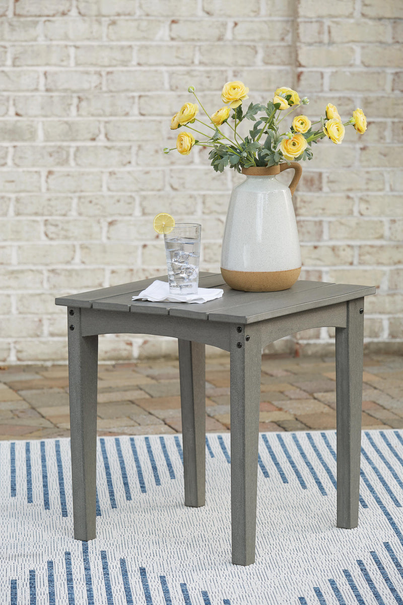 Ashley Furniture Visola outdoor Adirondack chair set with end table, featuring comfortable wooden chairs and a matching side table.