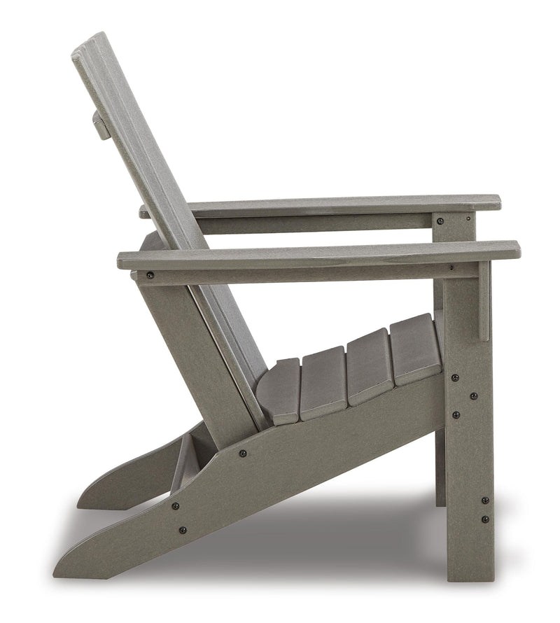 Ashley Furniture Visola outdoor Adirondack chair set with side table on patio, featuring weather-resistant wood finish and comfortable design.