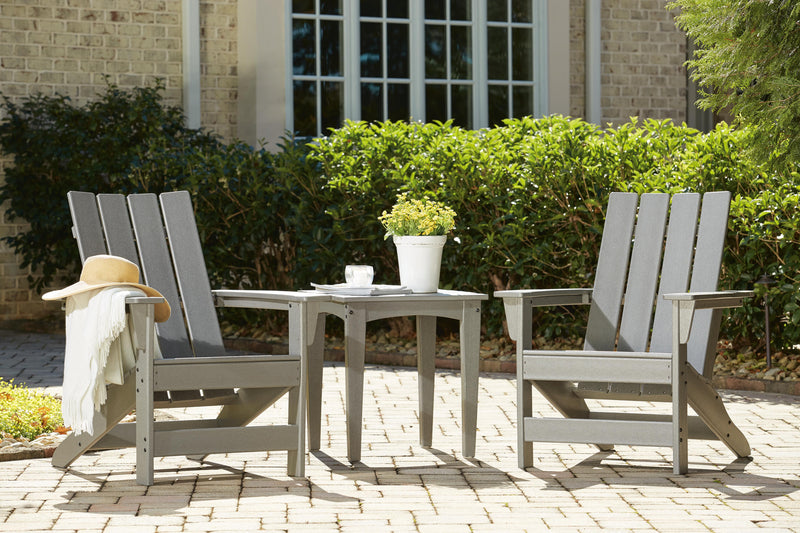 Ashley Furniture Visola outdoor Adirondack chair set with end table, featuring two chairs and a small matching table for outdoor seating.