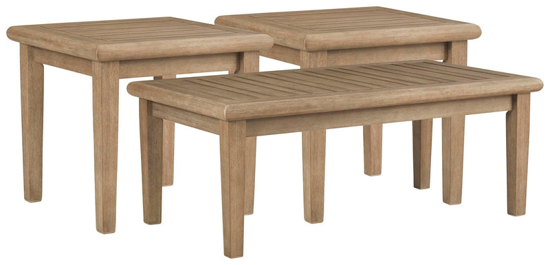 Outdoor table set by Ashley Furniture featuring a round table and matching chairs, ideal for outdoor gatherings.