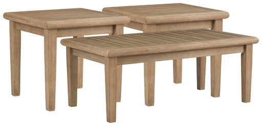Outdoor table set by Ashley Furniture featuring a round table and matching chairs, ideal for outdoor gatherings.