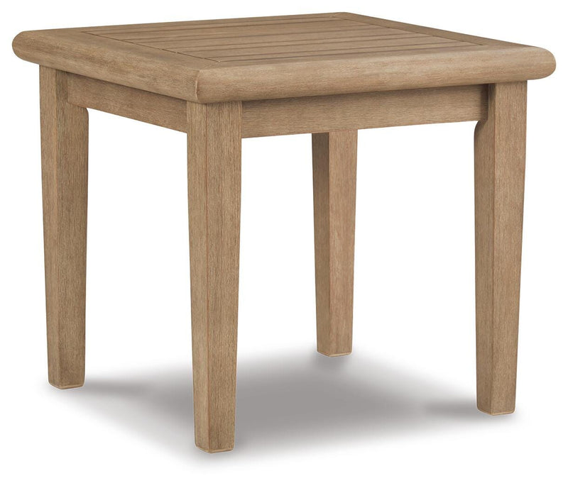 Gerianne outdoor end table by Ashley Furniture, shown from an angled view, featuring a stylish design for outdoor living spaces.