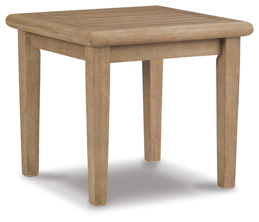 Gerianne outdoor end table by Ashley Furniture, shown from an angled view, featuring a stylish design for outdoor living spaces.
