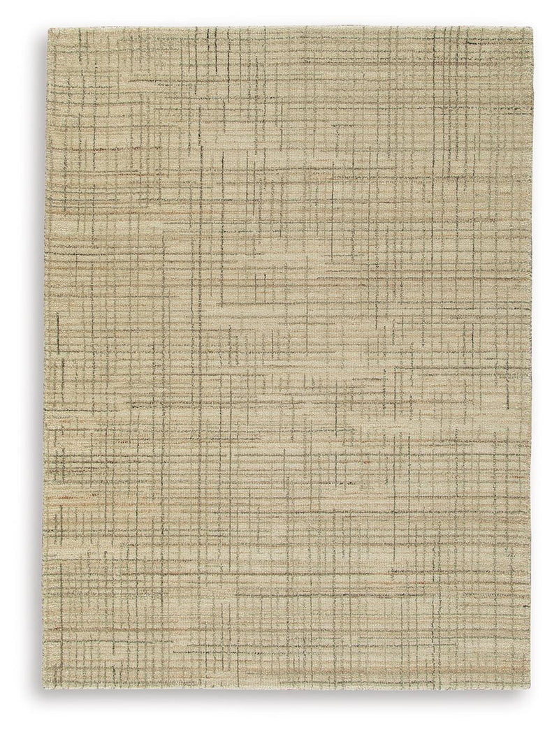 Ashley Furniture Janston Rug with intricate woven pattern in neutral tones, showcasing soft textured fabric and stylish design.