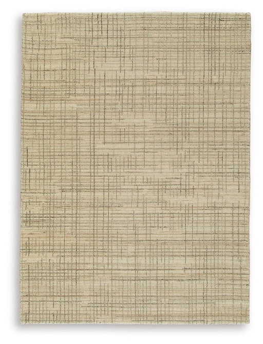 Ashley Furniture Janston Rug with intricate woven pattern in neutral tones, showcasing soft textured fabric and stylish design.