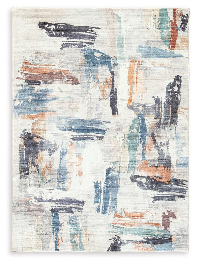 Ashley Furniture Hessland washable rug with a modern geometric pattern in neutral tones, perfect for living room or bedroom decor.