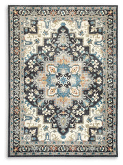 Ashley Furniture Leningston washable rug with a patterned design, featuring soft fabric and durable construction for versatile home decor.