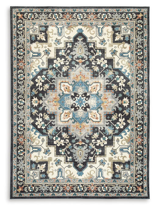 Ashley Furniture Leningston washable rug with a patterned design, featuring soft fabric and durable construction for versatile home decor.
