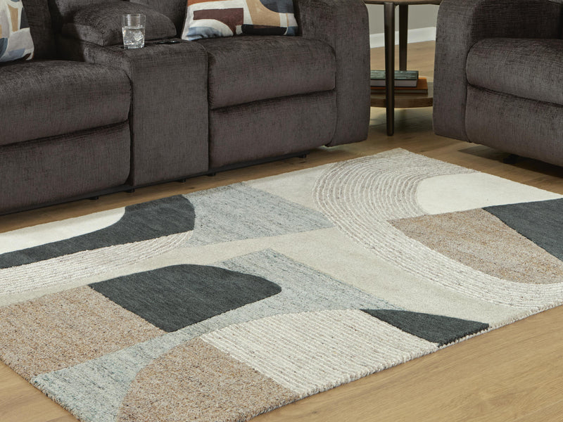 Ashley Furniture Edrickhill Rug with intricate patterns in neutral tones, cropped view showcasing detailed woven design.