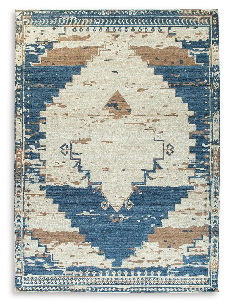 Ashley Furniture Varnler Rug with intricate patterns and warm tones, ideal for enhancing living room or bedroom decor.