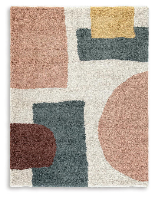 Large Flynnwick 8x10 rug by Ashley Furniture featuring intricate patterns and soft, woven texture in warm tones.