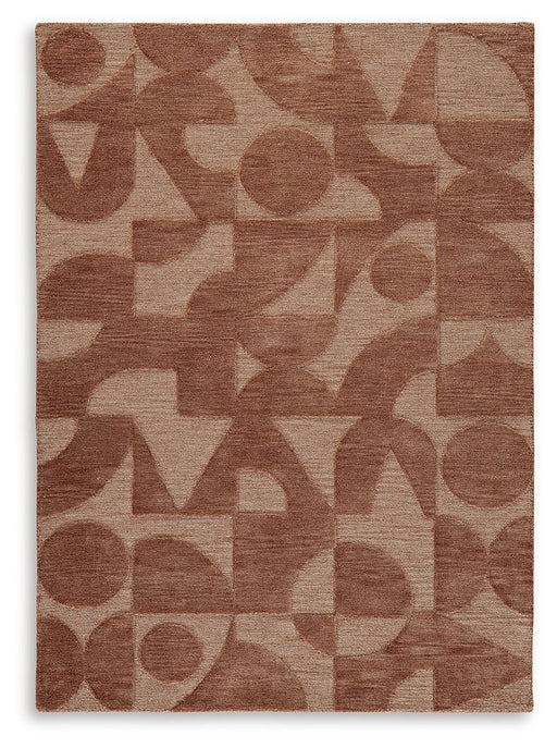 Ashley Furniture Perrenton Rug with intricate pattern in warm tones, showcasing plush texture and detailed design.