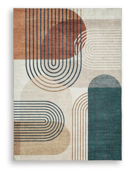 Ashley Furniture Farrendale washable area rug with a soft, patterned design in neutral tones, ideal for living rooms or bedrooms.