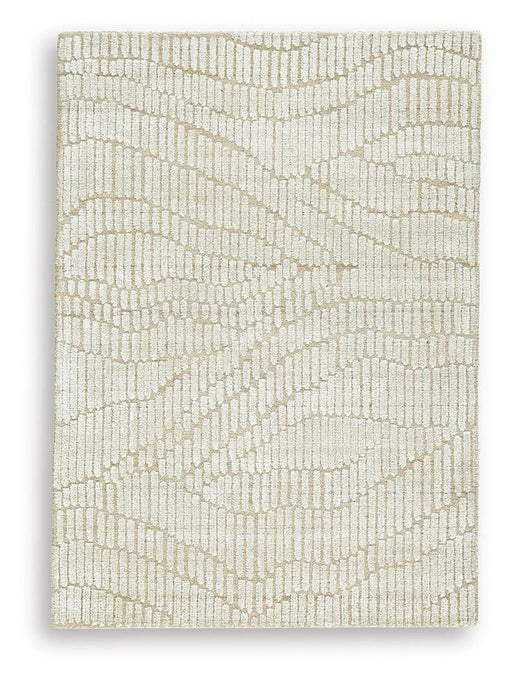 Ashley Furniture Jaseena area rug with intricate patterns in neutral tones, perfect for living room or bedroom decor.
