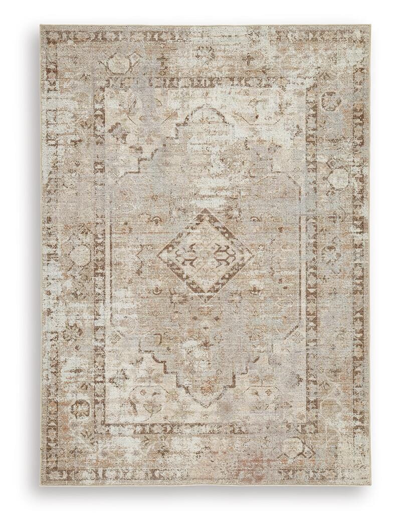 Ashley Furniture Livdon washable rug with geometric pattern in neutral tones, ideal for living room or bedroom decor.