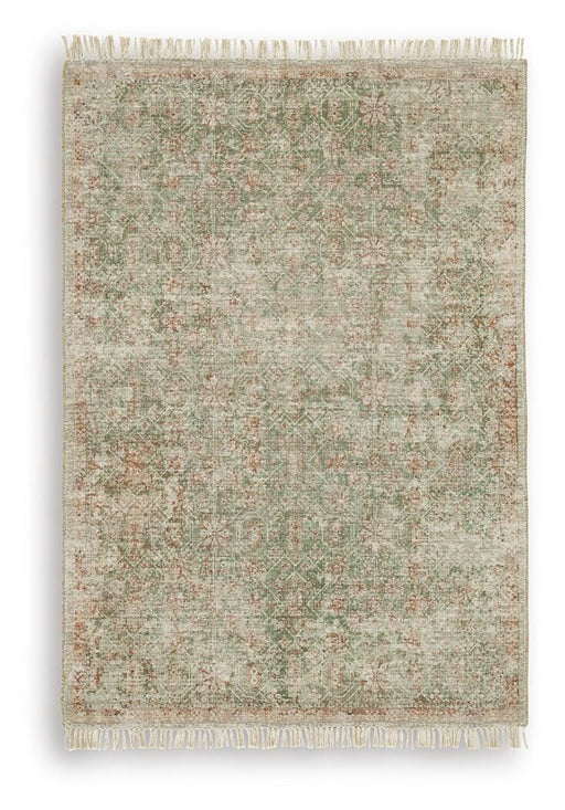 Ashley Furniture Rossbury Rug featuring a cozy, patterned design in neutral tones, ideal for living room or bedroom decor.