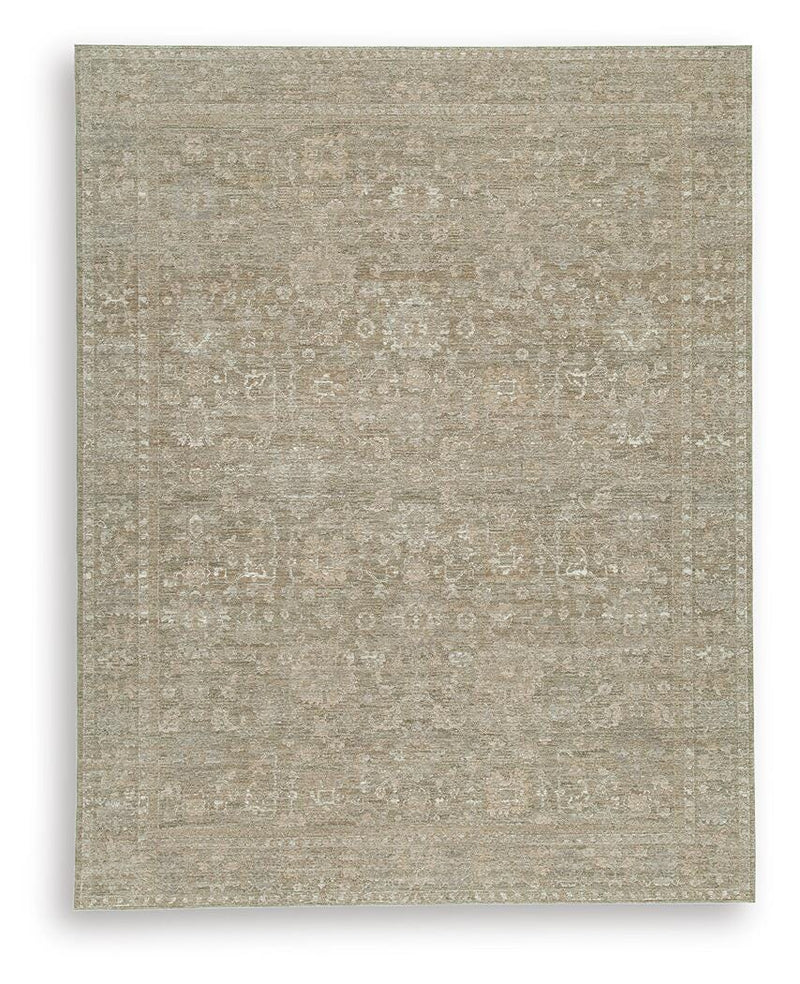 Ashley Furniture Neroham Rug with intricate patterns, soft texture, and neutral tones, ideal for modern living room decor.