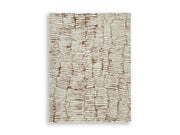 Ashley Furniture Uduak Rug with intricate patterns in neutral tones, showcasing a plush, textured surface for cozy home decor.