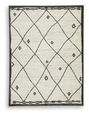 Ashley Furniture Fenriston Rug with intricate patterns in warm tones, showcasing soft, woven textile suitable for living rooms.