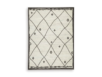 Ashley Furniture Fenriston Rug with intricate patterns in neutral tones, showcasing a plush, woven design perfect for living spaces.