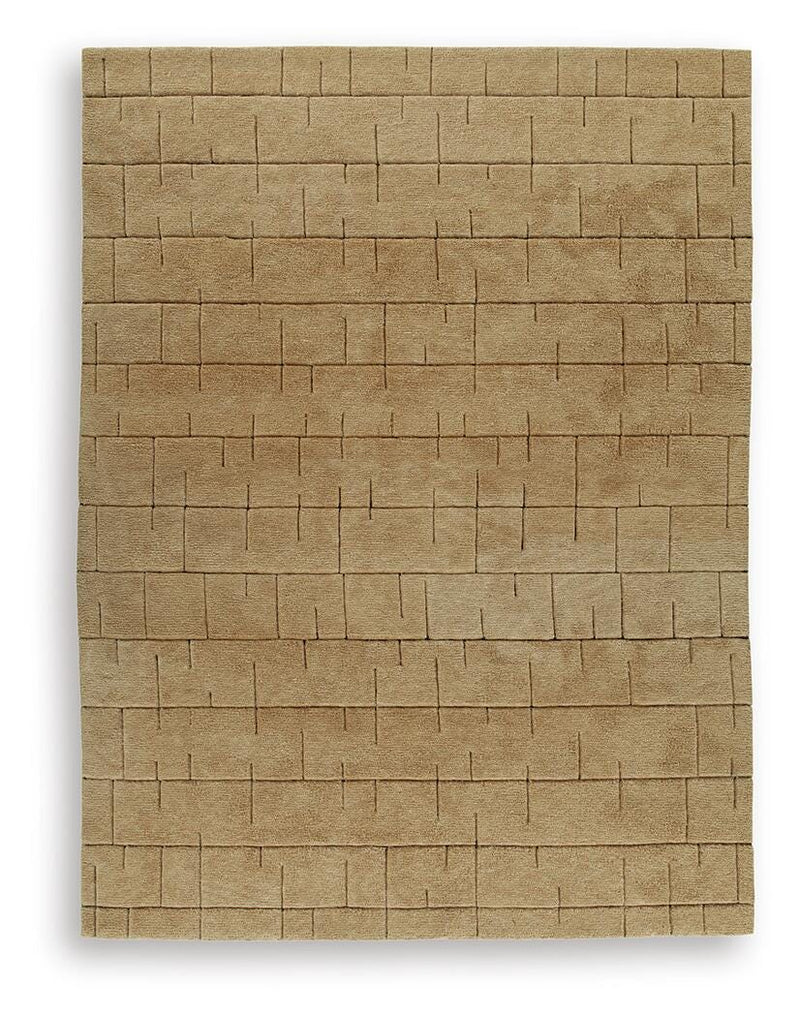 Ashley Furniture Luzmont Rug featuring a soft, woven texture with intricate patterns in neutral tones suitable for living rooms.
