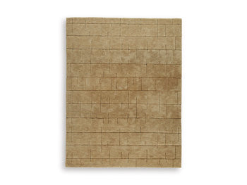 Ashley Furniture Luzmont Rug with intricate patterns in neutral tones, showcasing a plush, woven design for living room decor.