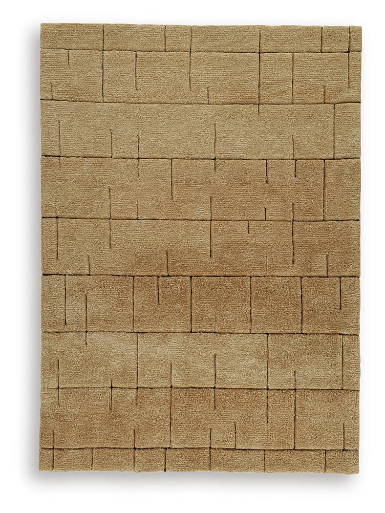Ashley Furniture Luzmont Rug with intricate patterns in warm tones, showcasing soft fabric and plush texture.