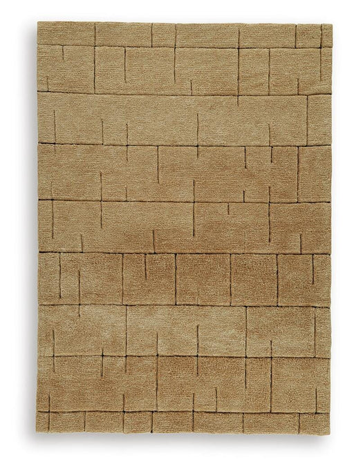Ashley Furniture Luzmont Rug with intricate patterns in warm tones, showcasing soft fabric and plush texture.