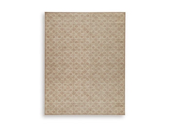 Ashley Furniture Lyamford Rug with intricate pattern and soft texture, showcasing warm tones on a neutral background.