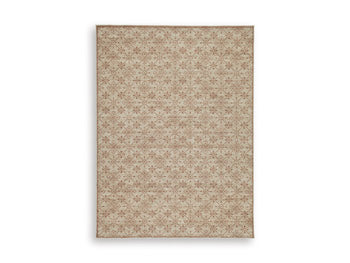 Ashley Furniture Lyamford Rug with intricate patterns and warm tones, ideal for adding style to living room or bedroom decor.