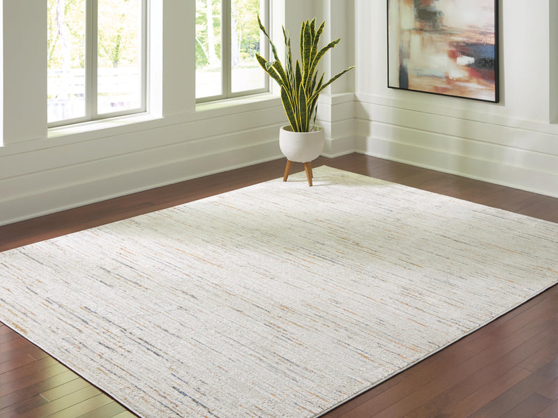 Ashley Furniture Harjot Rug with intricate woven pattern in neutral tones, rectangular shape, perfect for living room decor.