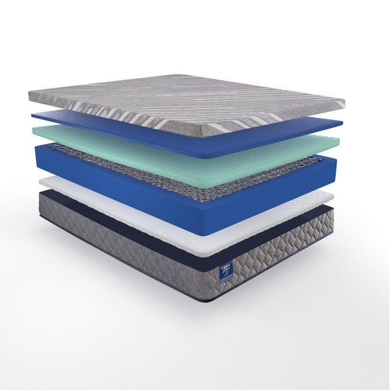 Sealy Opal House hybrid mattress with plush top and supportive base, showcasing a sleek, modern design in a well-lit bedroom setting.