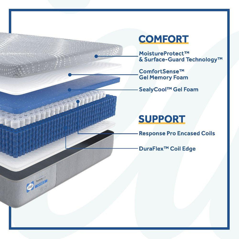 Sealy Salinger hybrid mattress with plush top and supportive foam layers, shown in a bedroom setting.